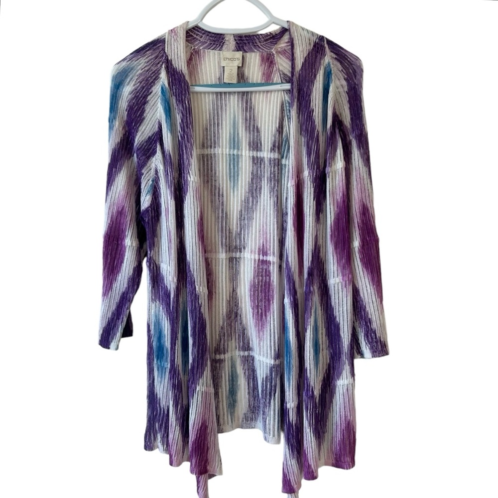Chico’s Purple Blue Abstract Print 3/4 Sleeve Open Cardigan Kimono Sz L Cotton